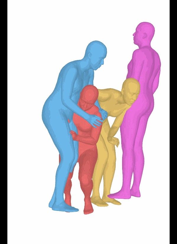 Four overlapping people reconstructed as separately coloured 3D body meshes despite standing in a tight cluster.