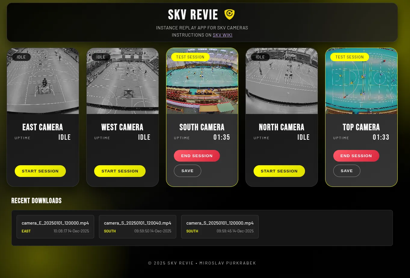 The Revie dashboard showing five sports-hall camera feeds with per-camera session controls and a list of recently downloaded clips.
