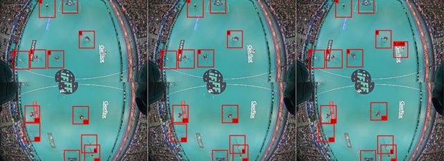 A top-down camera view of a sports court with detected players outlined by bounding boxes.