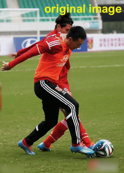 Two overlapping soccer players with the front player pose keypoints estimated and connected by a green skeleton despite occlusion by the other player.