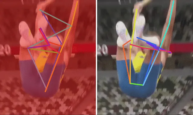 Pose estimation on an athlete captured from an unusual top-down camera angle, with keypoints correctly located despite the rare viewpoint.